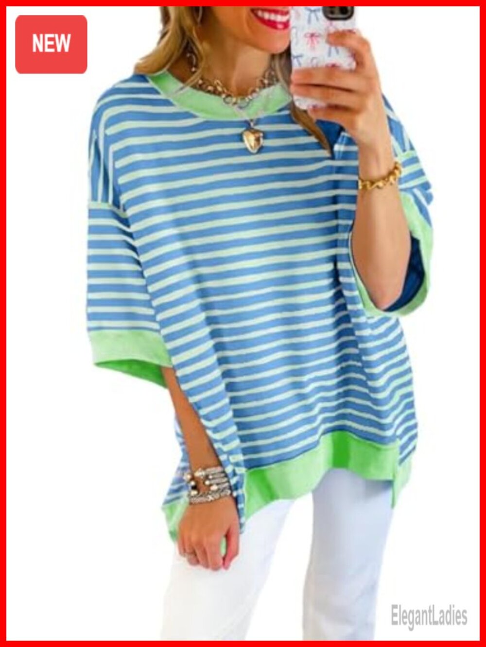 Oversized Striped Crewneck Short Sleeve Sweatshirt Women's Casual Top